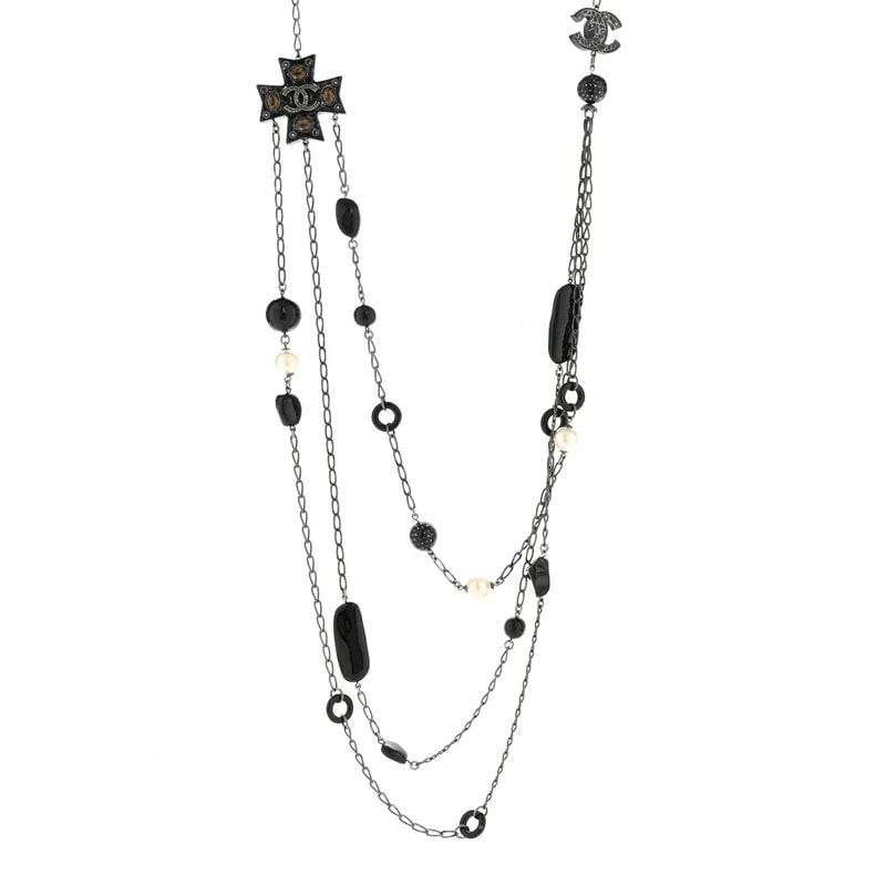Chanel — Resin Beaded CC Cross Strand Long Ruthenium — Jewelry — resale