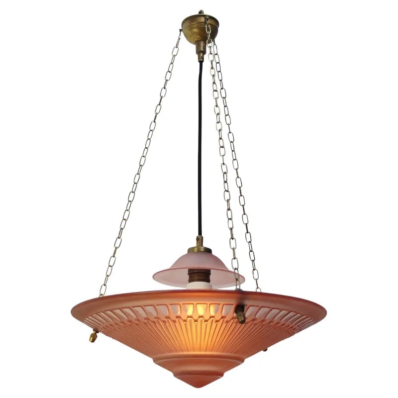 Art Deco Pendant Lamp, Brass and Etched Red Pink Glass, France, 1920s — lighting — resale