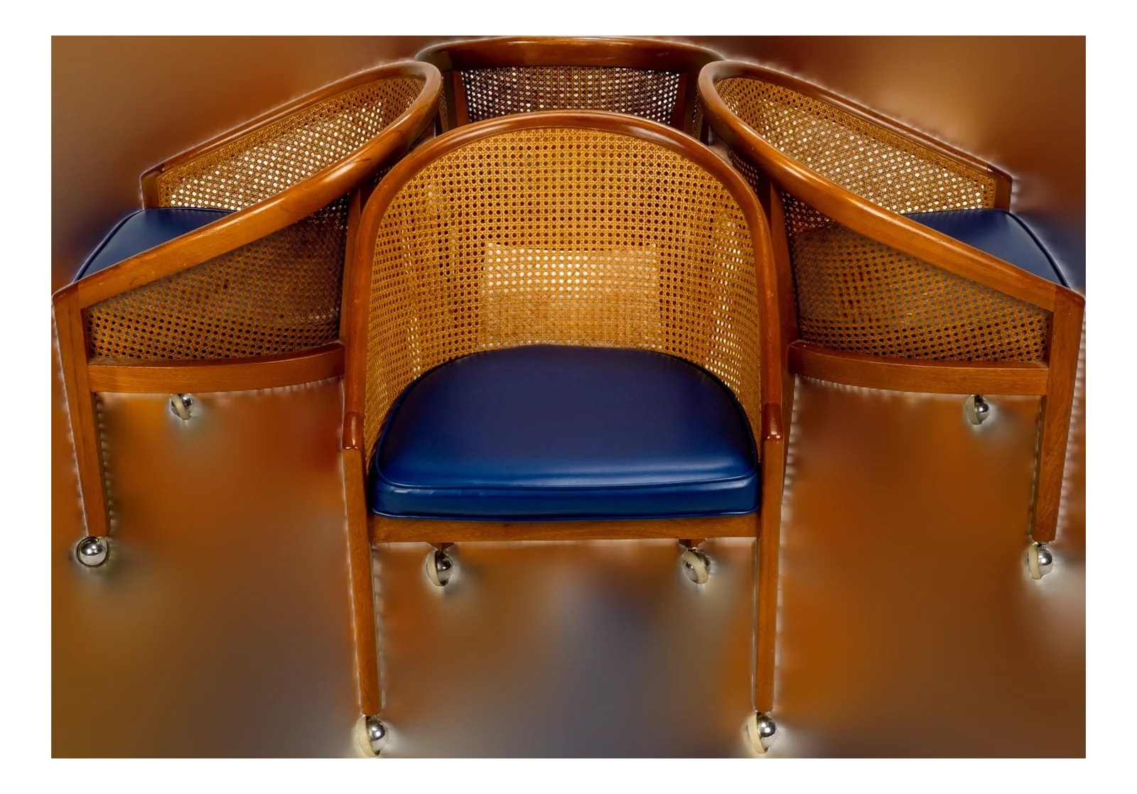 1970s Set of 4 Bent & Cane Tub Chairs on Casters W/ Cushions in the Manner of Ward Bennett — Furniture — resale
