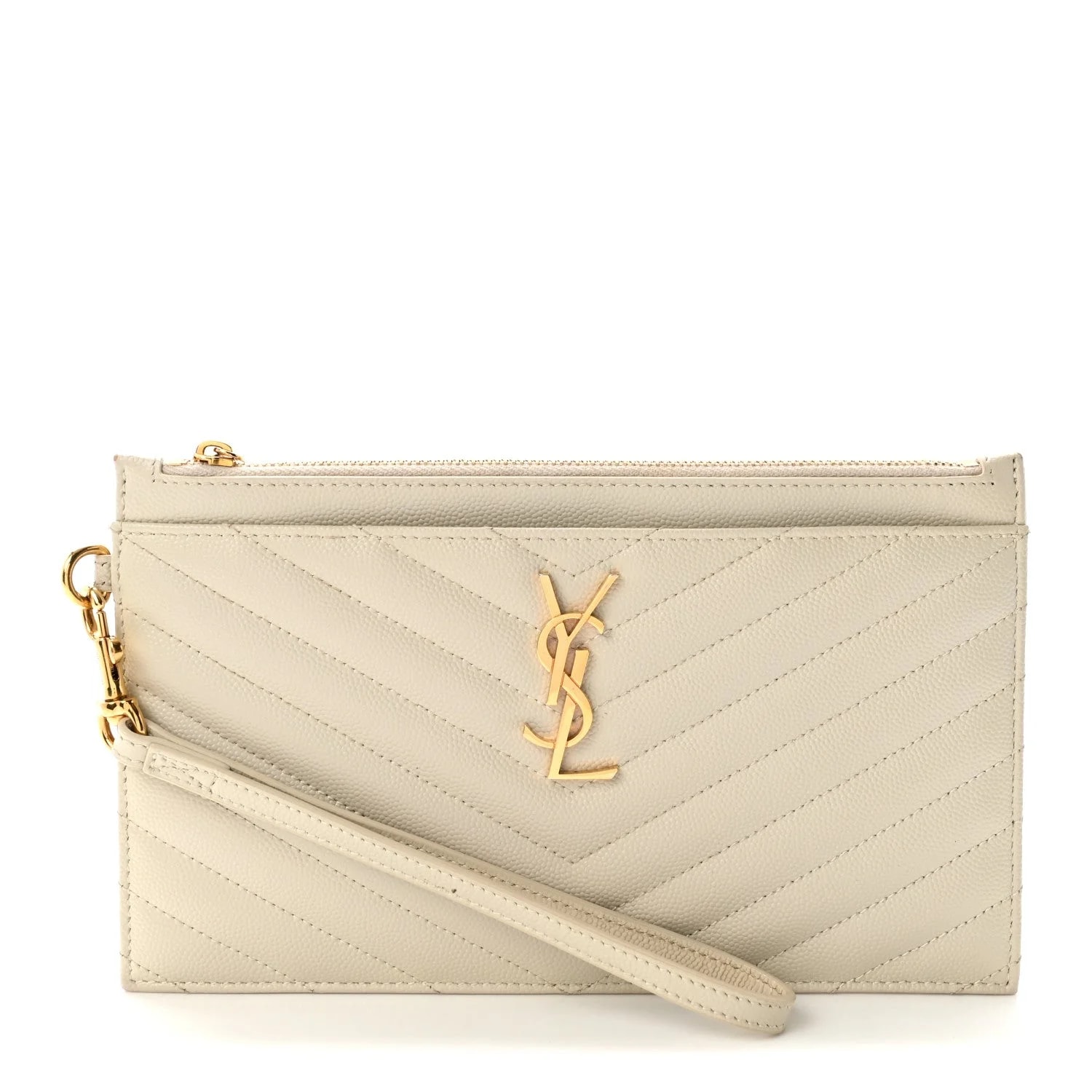 Saint Laurent — Grain de Poudre Chevron Bill Pouch Crema Soft — Accessory — resale