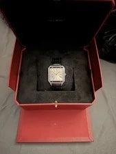 Cartier Santos Quartz Silver Dial Black Leather Strap W/ Box 3