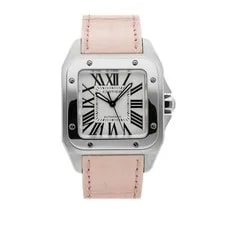 Cartier — Cartier Santos 100 Steel Automatic Silver Roman Dial Pink Strap W20126X8 — Watch — resale