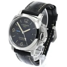 Panerai Luminor 1950 Acciaio PAM01320 44mm SS Black Dial Leather Strap GMT #C089 2