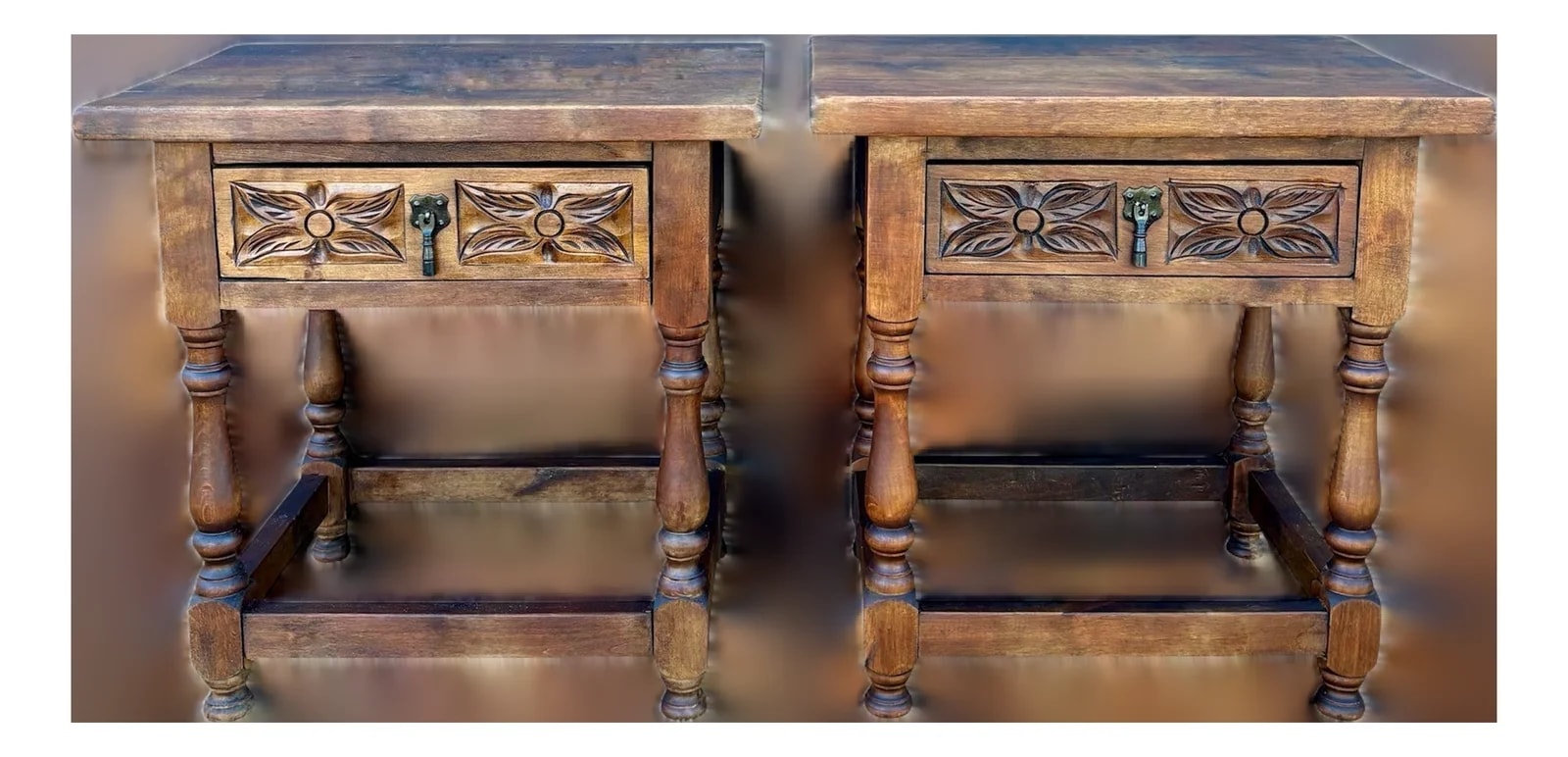 Pair of Spanish Rustic Bedside With Carved Drawers, Mid-20th Century — Furniture — resale