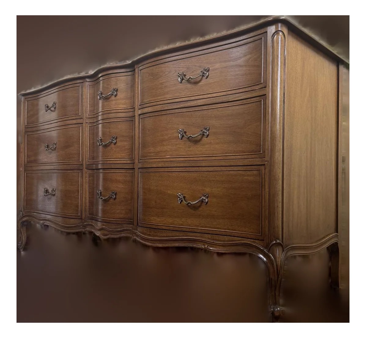 Drexel — French Provincial Drexel 9-Drawer Serpentine Lowboy Dresser — Furniture — resale