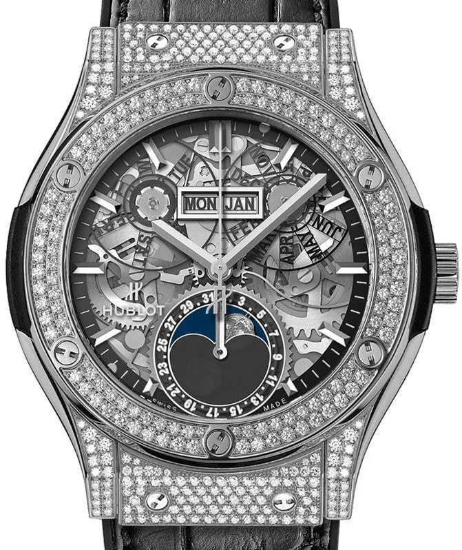 Worldofluxuryus — Hublot Classic Fusion Aerofusion Moonphase Titanium Pavé ’s — Watch — resale