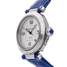 Cartier Pasha Steel Auto 38mm Silver Dial Blue Strap W31031H3 2