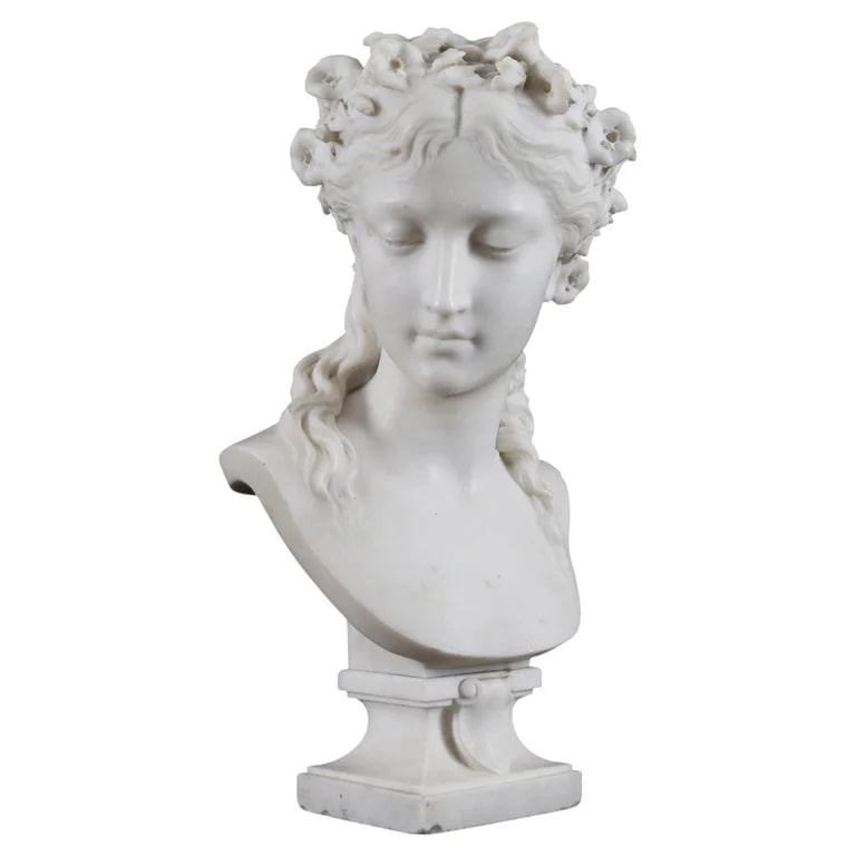 Eugene-Antoine Aizelin — Antique Carrara Marble Bust of A Grecian Lady By Eugene Aizelin 19th Century — decorative_object — resale