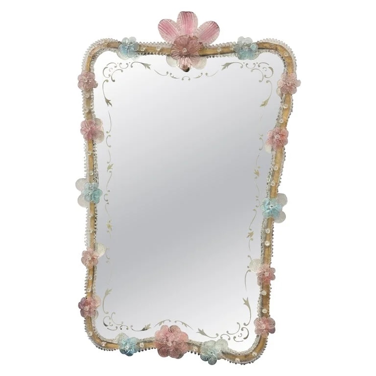 Murano — Exceptional Murano Glass Wall Mirror With Pink & Light Blue Flowers Italy Venice — decorative_object — resale