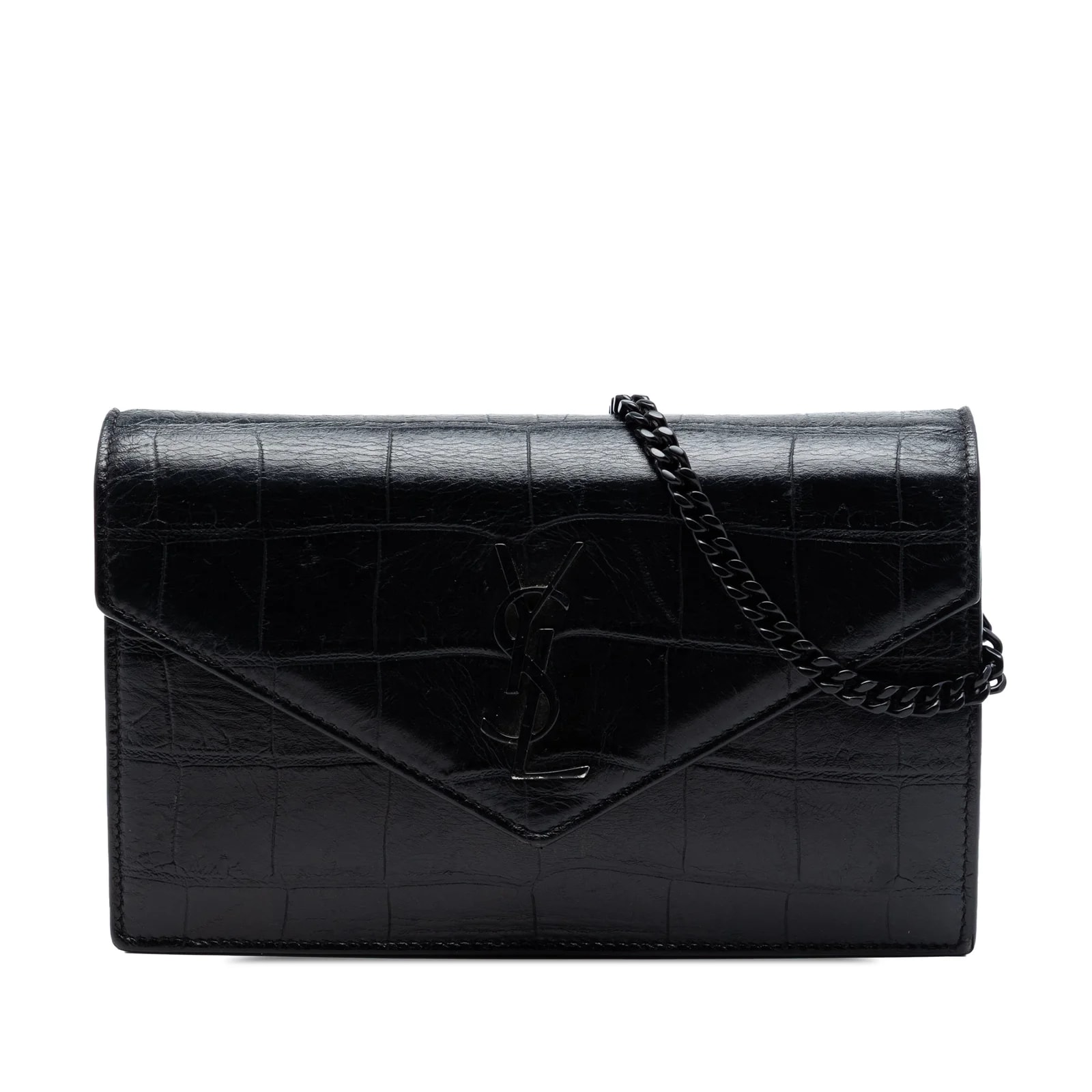 Saint Laurent — Metallic Crackled Chevron Envelope Chain Wallet — Handbag — resale