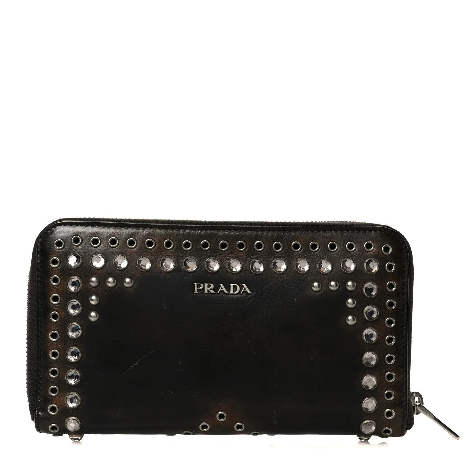 Prada — Aged Grommet Studded Zip Around Wallet Ebano — Handbag — resale