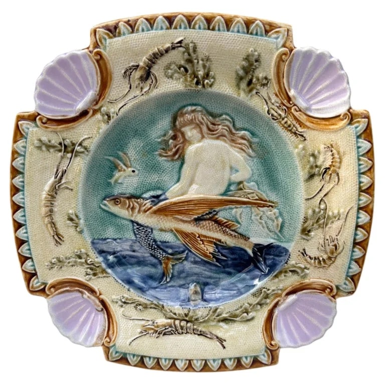19th Century Square Majolica Mermaid Wall Plate — Furniture — resale