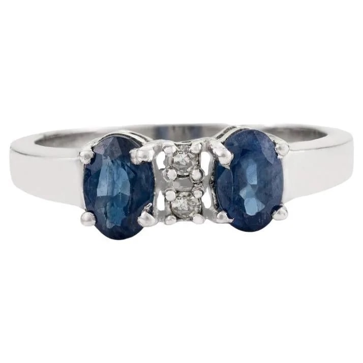 Silvorra Four Prong Deep Blue Sapphire Diamond Band Ring in 925 Solid Silver 2
