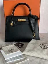 Noir — Hermes Kelly 28 Sellier in Sombrero With Hardware Stamp D — Handbag — resale