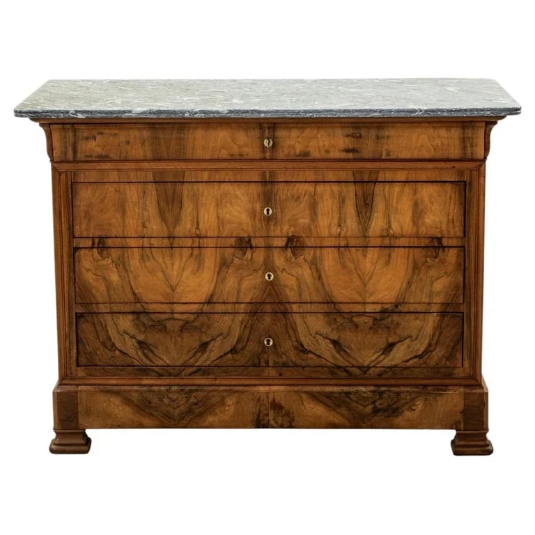Louis — Mid-19th Century French Louis Philippe Period Book Matched Walnut Chest, Marble — Furniture — resale