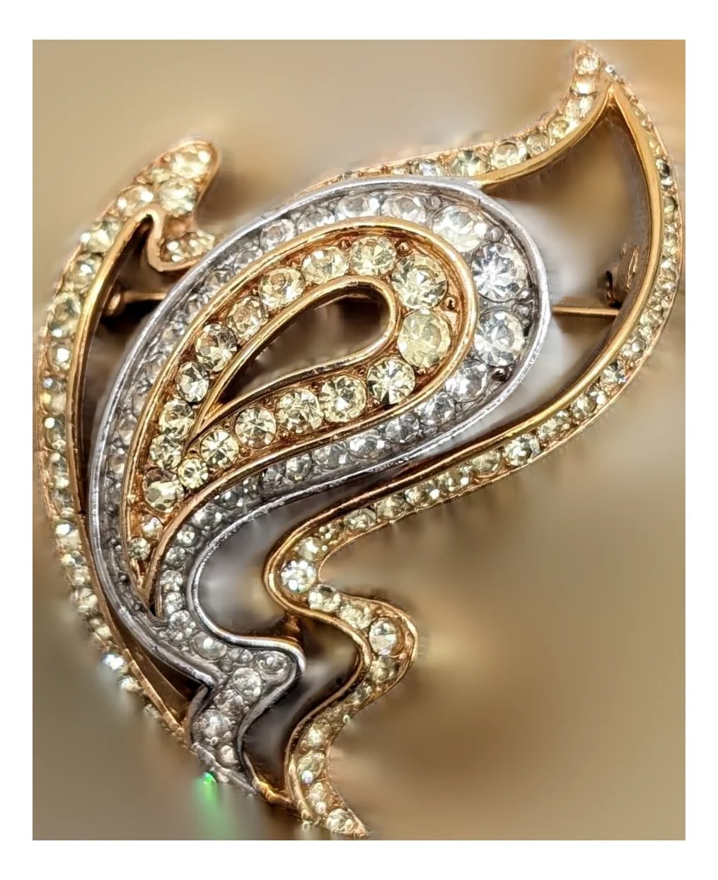 Trifari — 1960s Signed Crown Trifari Abstract Goldtone Faux- & Clear Rhinestone Brooch — Jewelry — resale