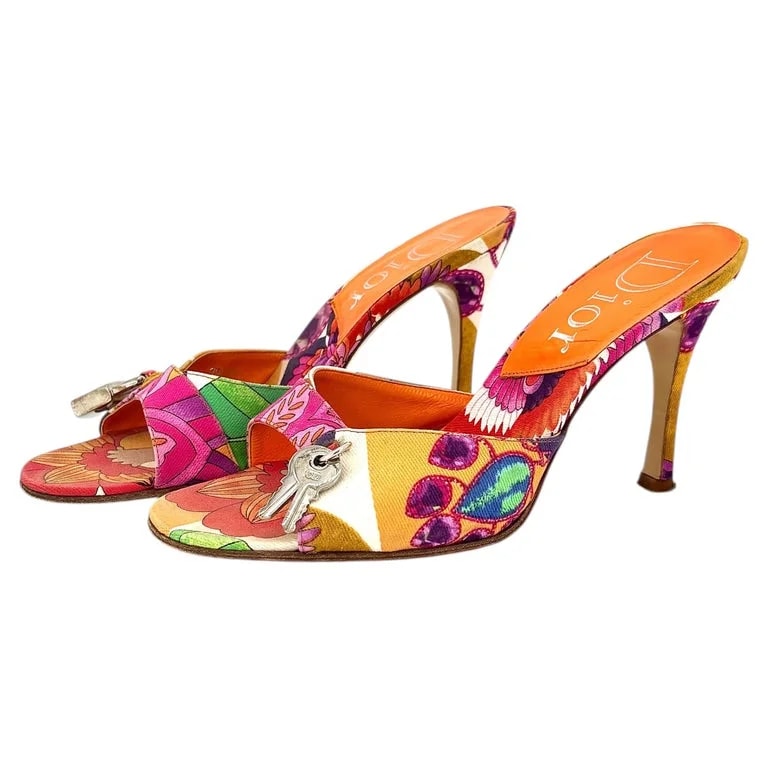 Manolo Blahnik — Christian John Galliano Padlock and Key Floral Print Mules — Designer Shoe — resale