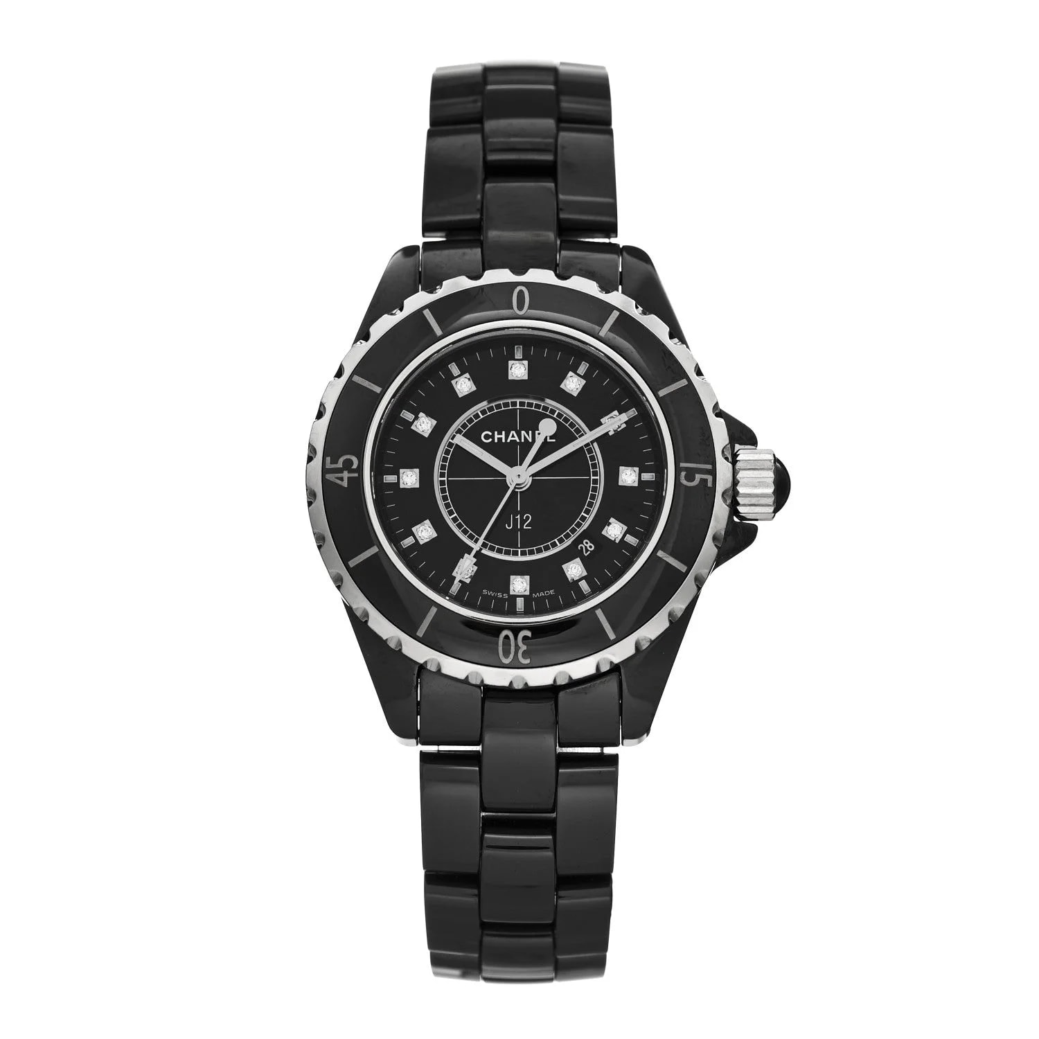 Chanel — Stainless Steel Ceramic Diamond 33mm J12 Quartz Black — Watch — resale