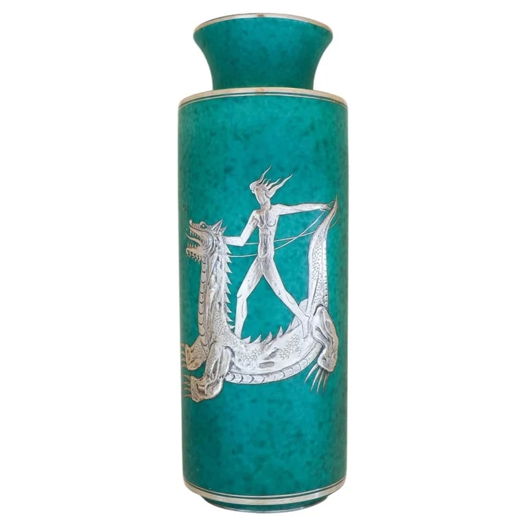 Gustavsberg, Wilhelm Kage — A Large Green Vase Argenta Wilhelm Kåge Gustavsberg, Silver Decor Dragon — decorative_object — resale