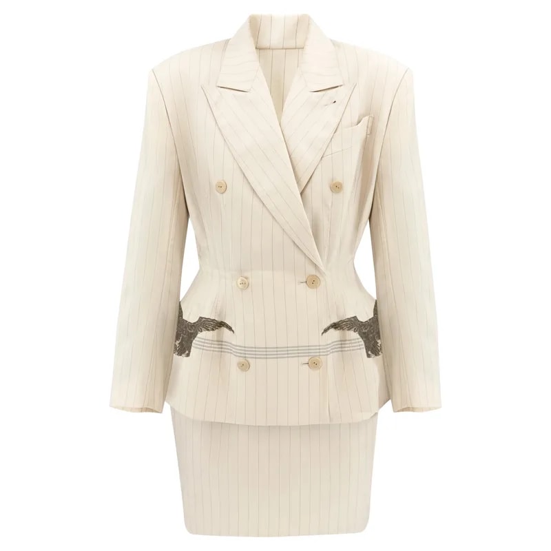 Jean Paul Gaultier — Jean Paul Gaultier Pinstripe Tailored Skirt Suit With Lace Eagle Applique — Clothing — resale