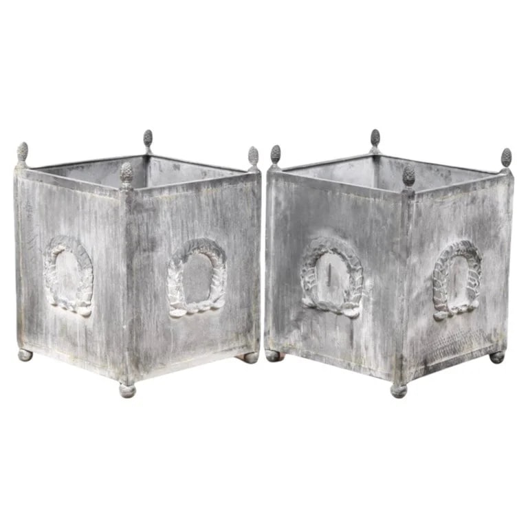 Laurel — Pair of Neoclassical Metal Planters, Patina, Laurel Wreath Motif — Furniture — resale