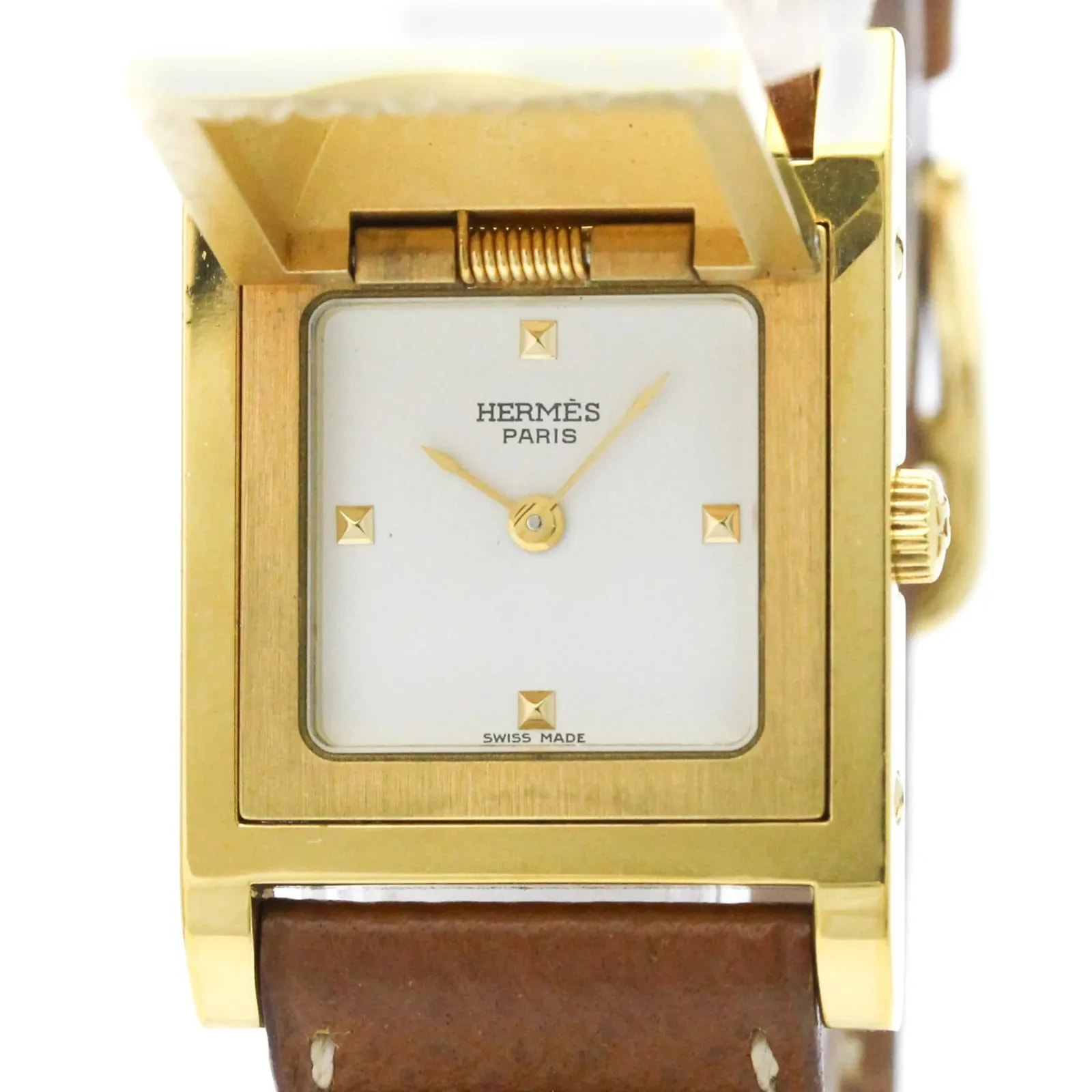 Hermes Medor Quartz Plated Metal and Leather 4