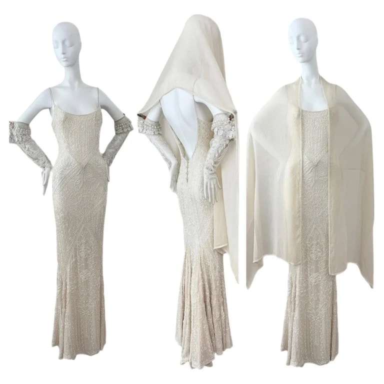 Eavis & Brown — LES Habitudes 90's Couture Hand Beaded Bridal Gown W. Gloves + Shawl — Accessory — resale