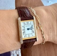 Cartier — Cartier Tank Quartz Vermeil Diamond Bezel Swiss Gold Brown Leather — Watch — resale