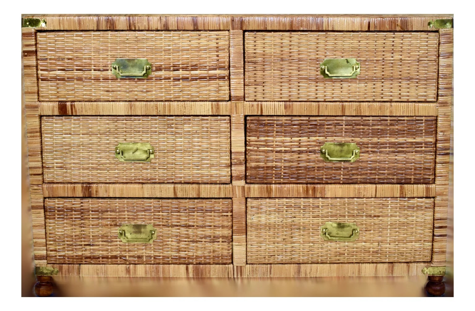 Bielecky Brothers — 1970's Coastal Woven Rattan Campaign Chest of Drawers — Furniture — resale