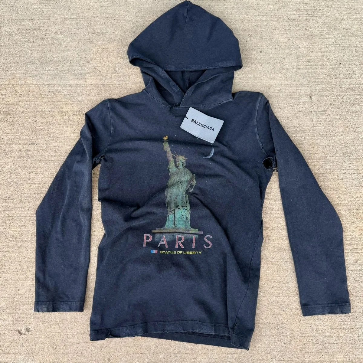 Balenciaga — Balenciaga Paris Liberty Hooded Long Sleeve T-Shirt Distress — streetwear — resale