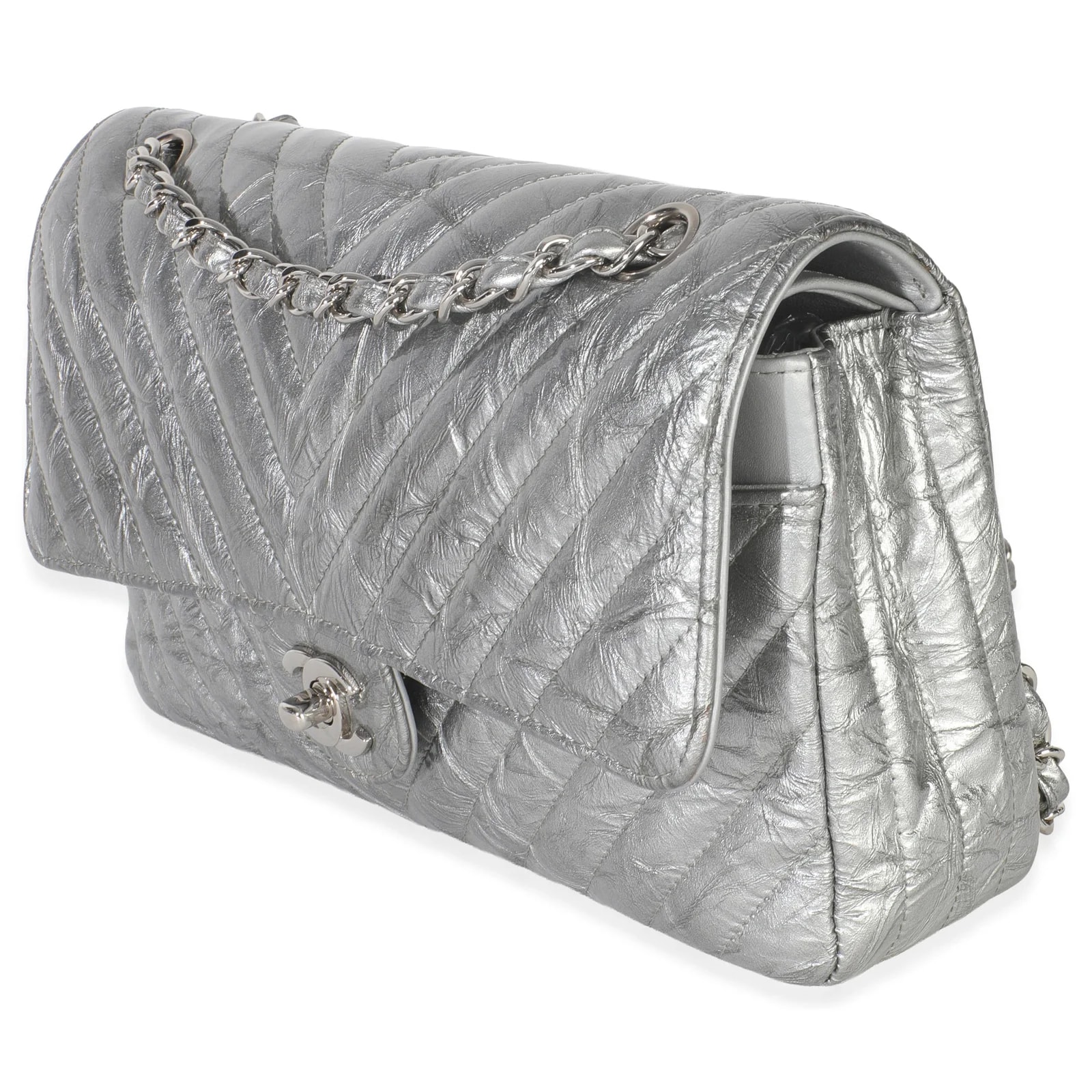 Chanel Metallic Crumpled Chevron Medium Double Flap 4