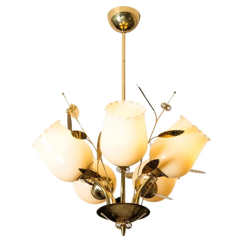 Five Arm Brass and Glass Chandelier with Floral Details by Itsu, Finland, 1950s — lighting — resale