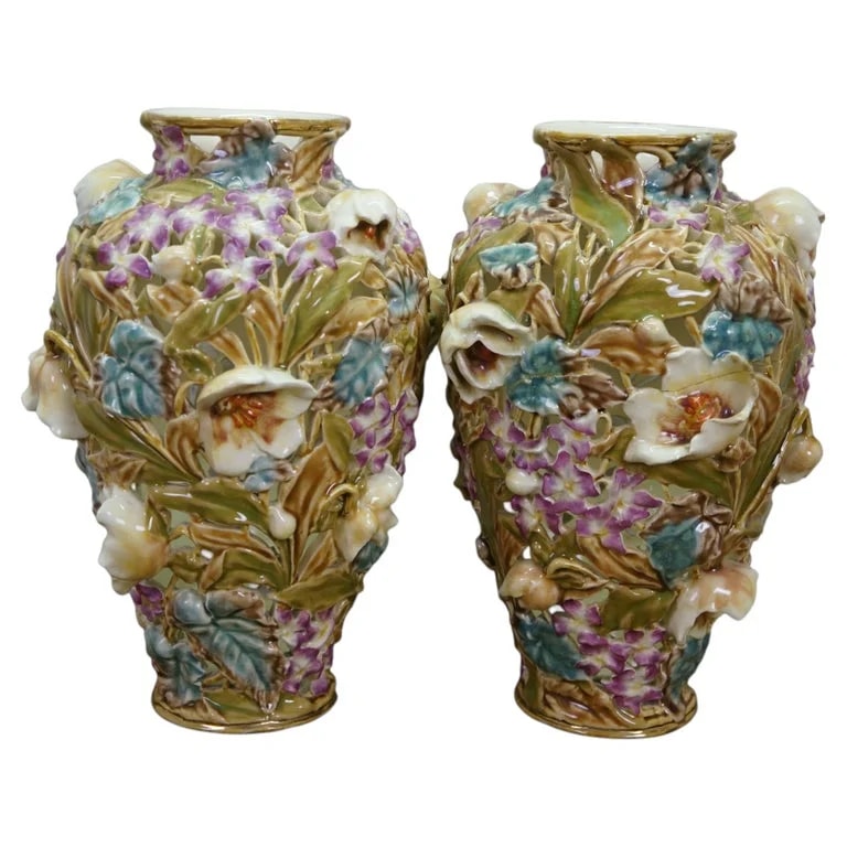 Tádé Sikorski, Zsolnay — Antique Art Nouveau Hungarian Zsolnay Tádé Sikorski Openwork Floral Mallow Vases — decorative_object — resale