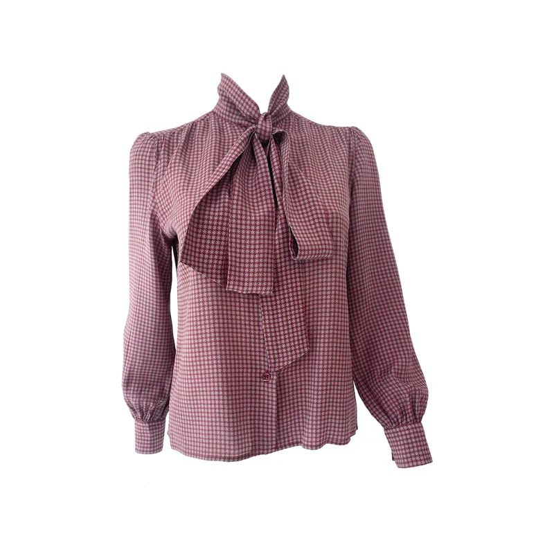 Silk Pussy Bow Blouse Top Burgundy and Gray Pied de Poule Size 6-8 Vintage 1970 — Clothing — resale