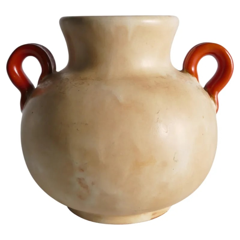 Art Deco Ceramic Beige Vase with Red Handles by Anna Lisa Thomson, Upsala Ekeby — decorative_object — resale