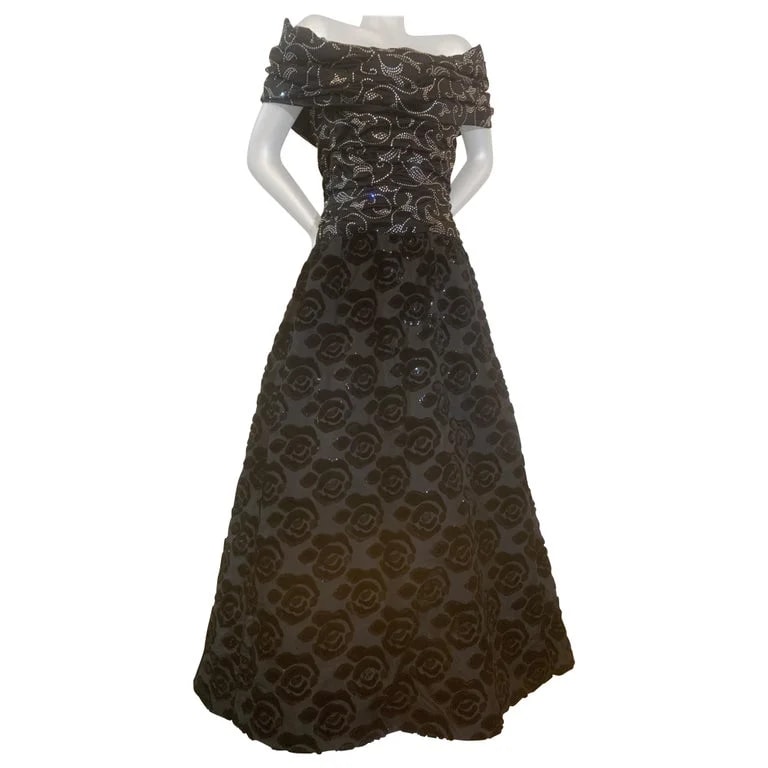Arnold Scaasi — 1970s Arnold Scaasi Off-Shoulder Rhinestone Embellished Bell Skirt Gown — Clothing — resale