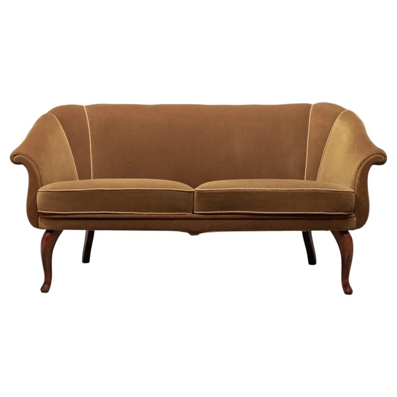 1940s Romantic Art Nouveau Shell Back Sofa Upholstered with Bronze Velvet — Furniture — resale