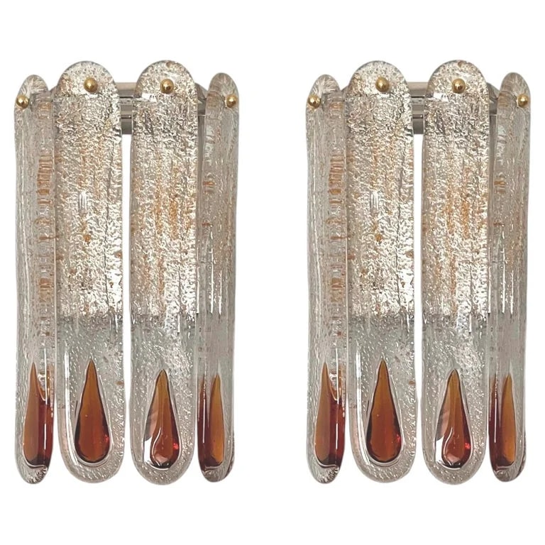 AVMazzega, Mazzega, Mazzega 1946 — Pair of Midcentury Italian Amber Murano Wall Sconces By Mazzega, 1970s — Lighting — resale