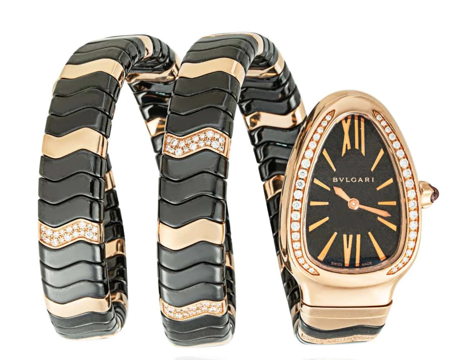 Bvlgari Black Ceramic 18K Rose Gold Diamond Serpenti Spiga 3