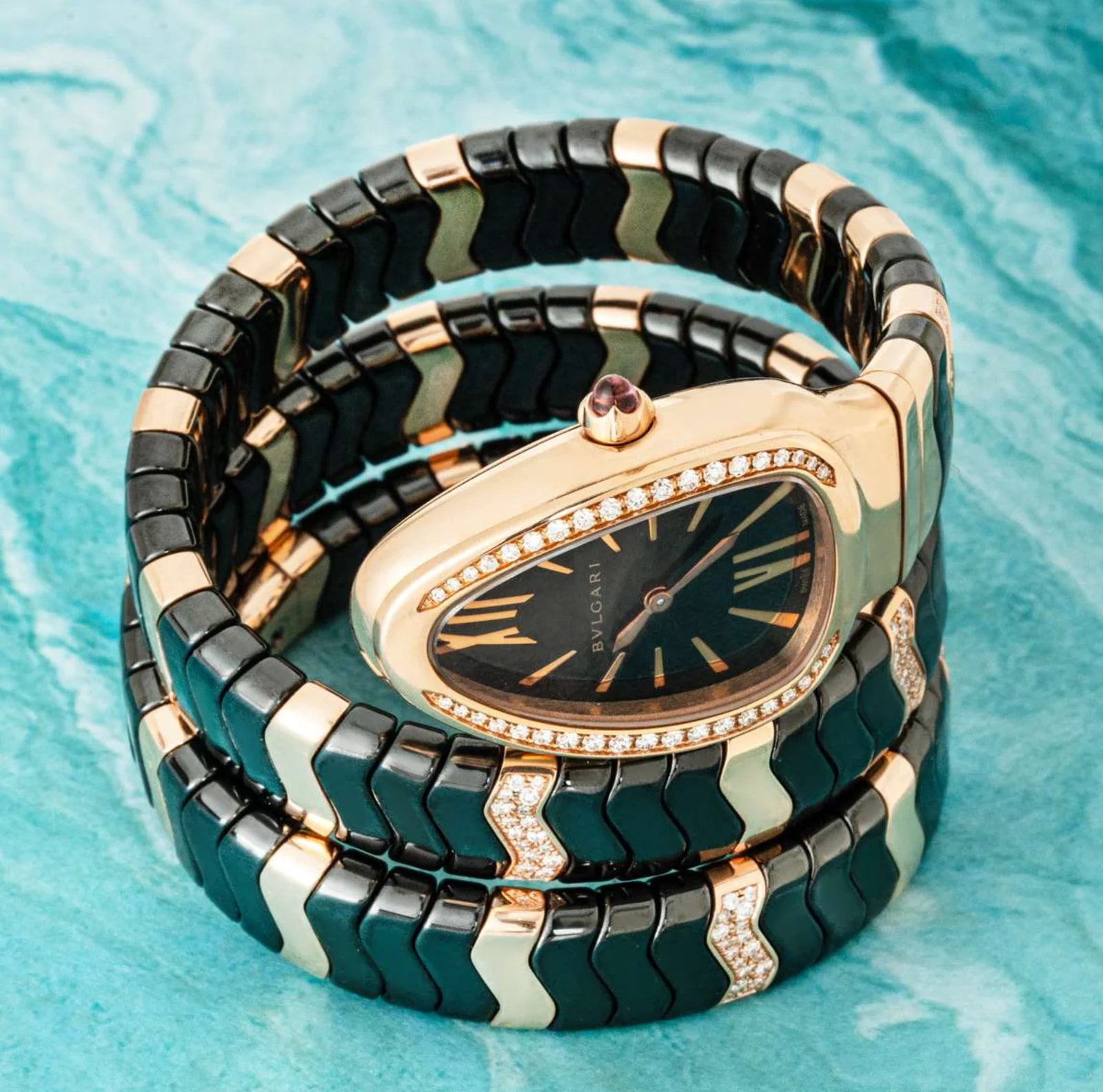 Bvlgari Black Ceramic 18K Rose Gold Diamond Serpenti Spiga 4