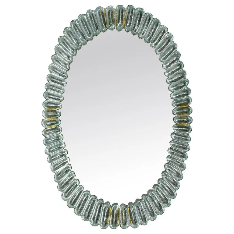 Murano — Aqua Murano Glass Mirror With Scalloped Frame and Brass Accents, in Stock — decorative_object — resale