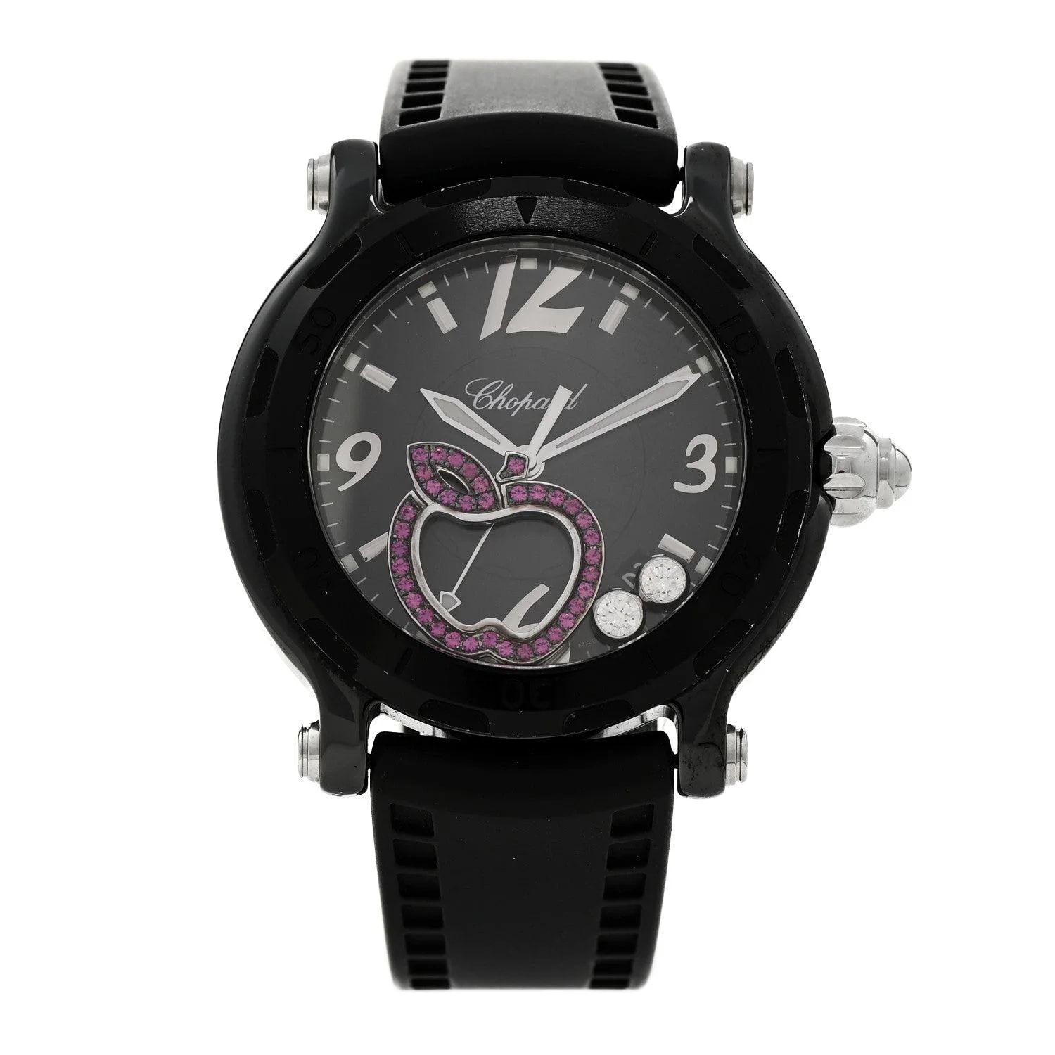 Chopard — Stainless Steel Rubber Diamond Pink Sapphire 38mm Happy Sport Apple Quartz Black — Watch — resale