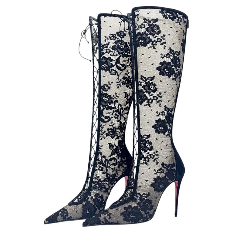 Christian Louboutin — Christian Louboutin KM Lace Botta 100 Pointed Toe Knee High Stiletto 41 — Designer Shoe — resale