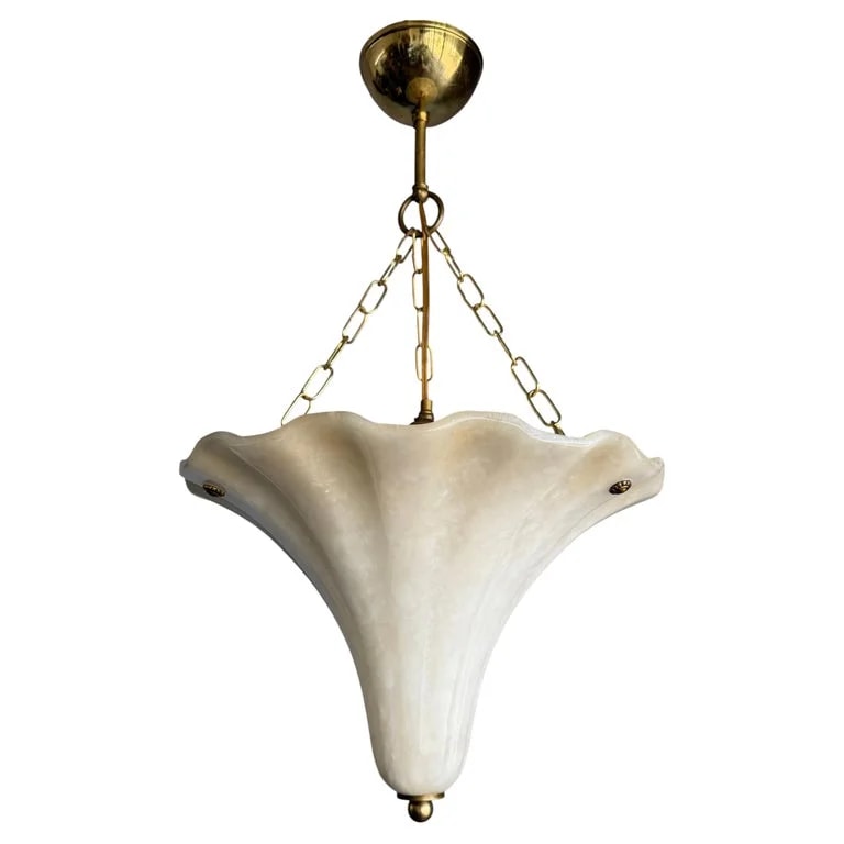 Art Deco Style Hand-Carved Alabaster Lily Pendant , Ca 1970s — lighting — resale
