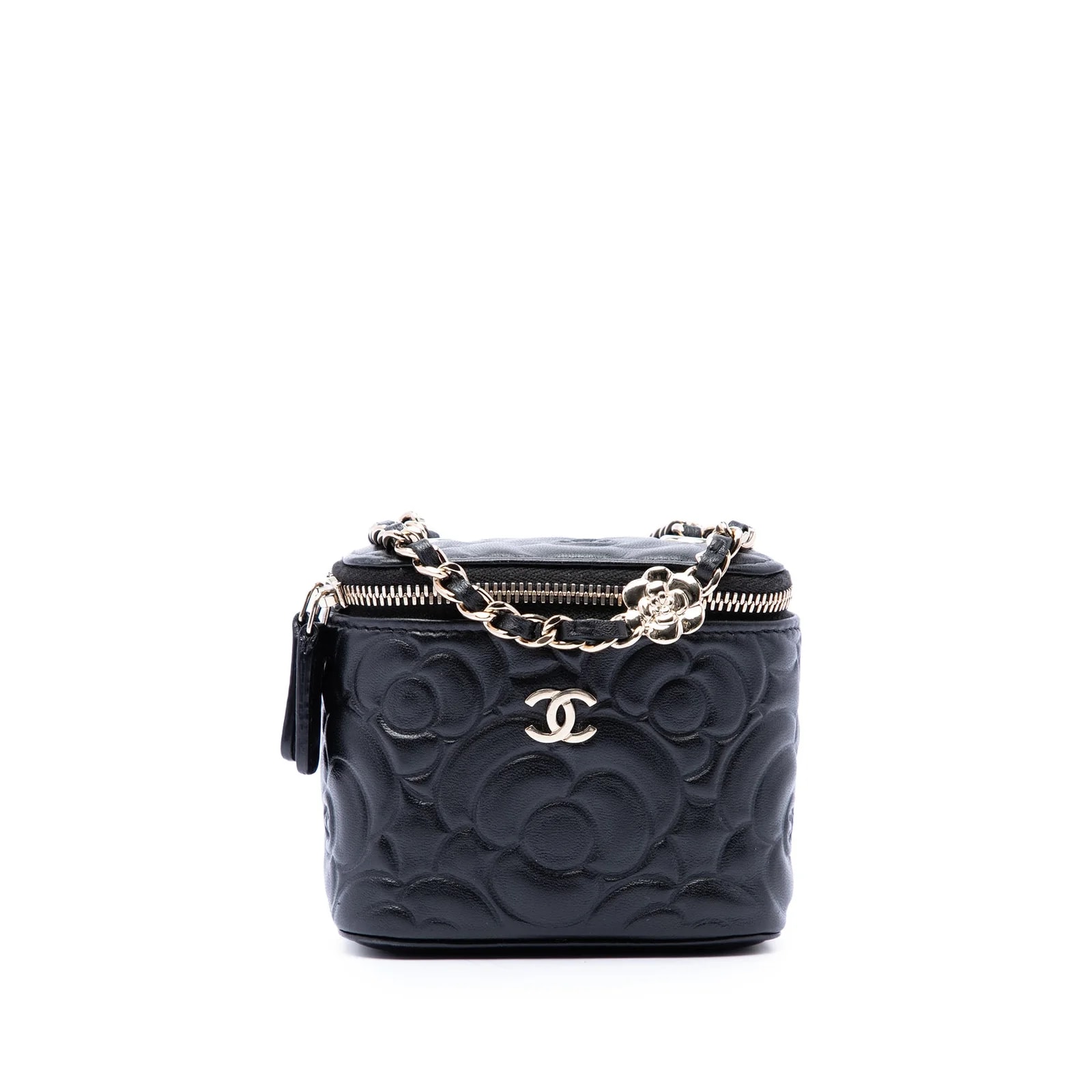 Chanel — Camellia Embossed Vanity Case With Chain — Handbag — resale
