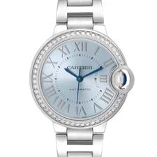 Cartier — Cartier Ballon Bleu 33 Blue Silver Diamond Dial Steel W4BB0028 Box Card — Watch — resale