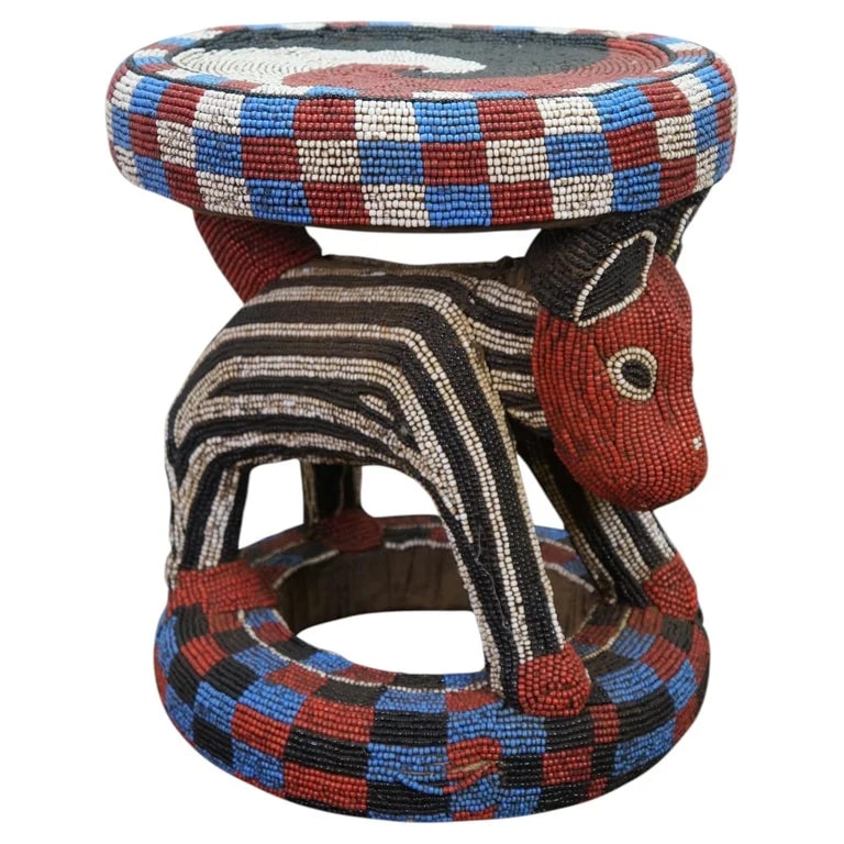 African Cameroon Bamileke Tribal Beaded Zoomorphic Side 16" — Furniture — resale