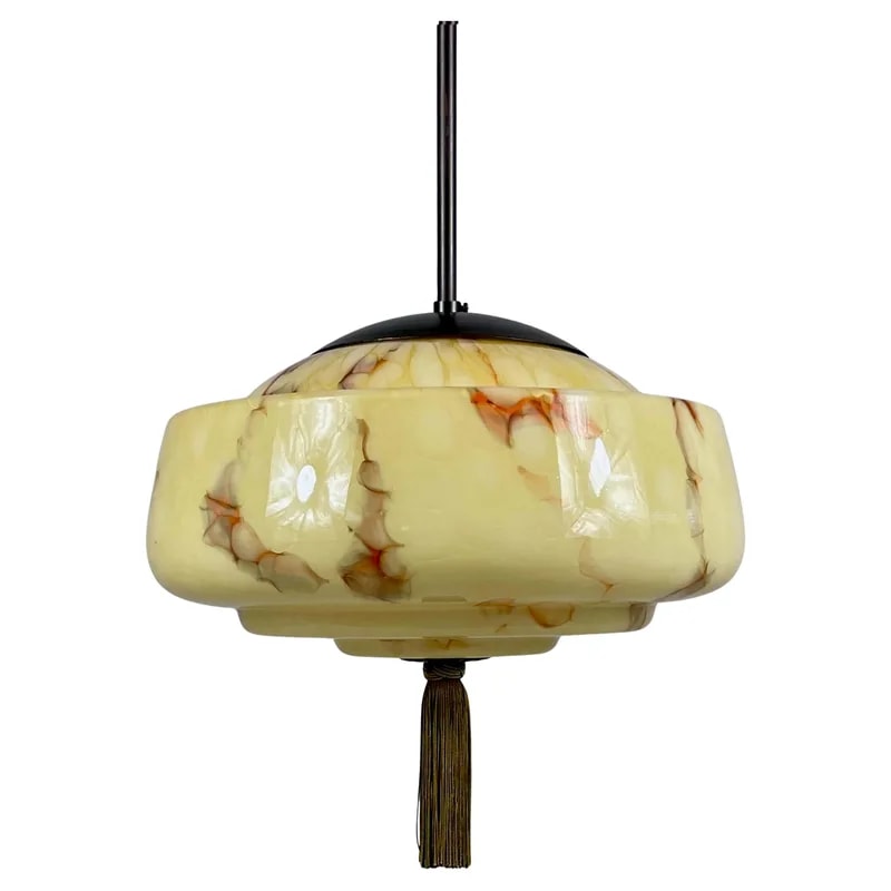 Green Marbled Opaline Burnished Brass Pendant with Tassel, Germany, 1930s — Furniture — resale