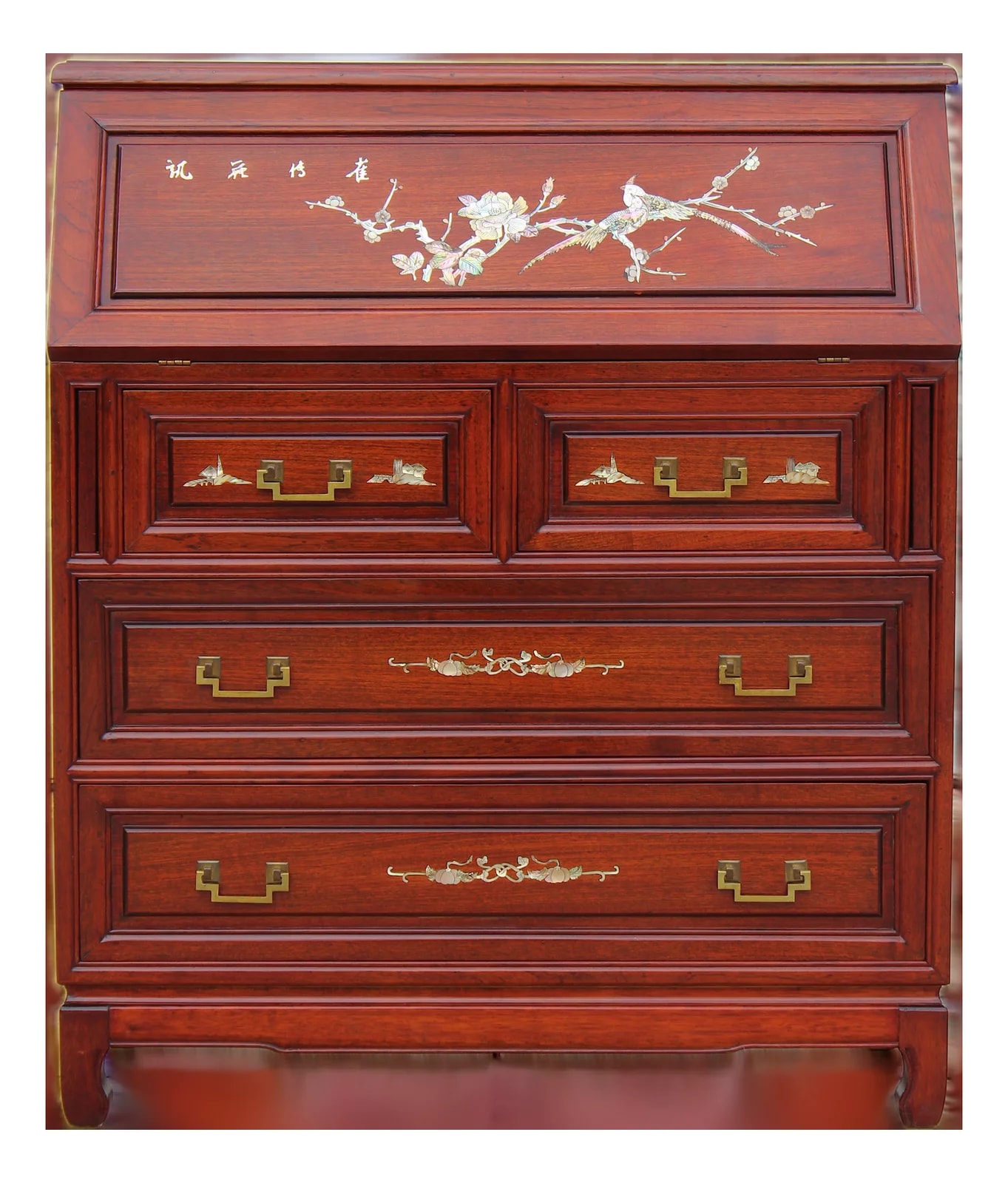 Asian Secretary With Inlay, Bird & Blossom Motif, Slant Front Writing — Furniture — resale