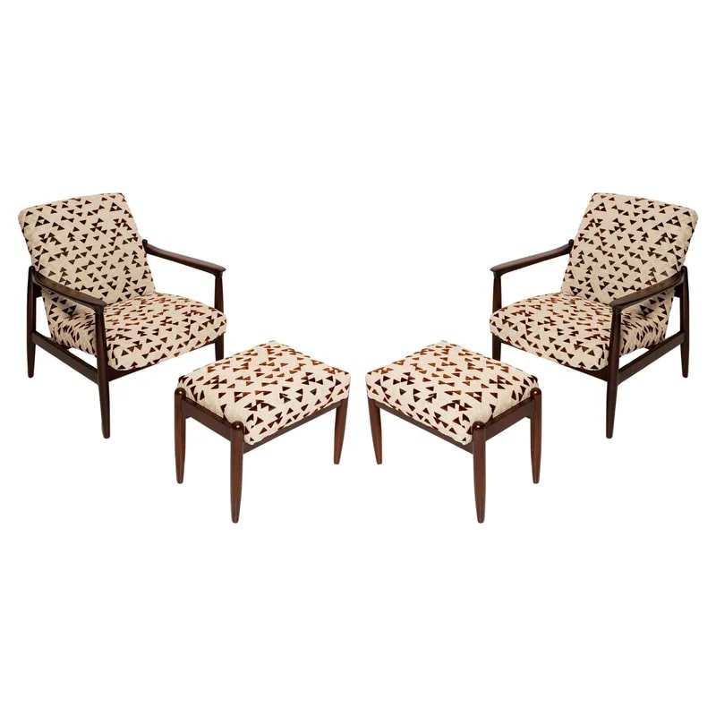 Mid-Century Set of Two GFM 64 Armchairs and Stools, Jacquard by Dedar, 1960s — Furniture — resale